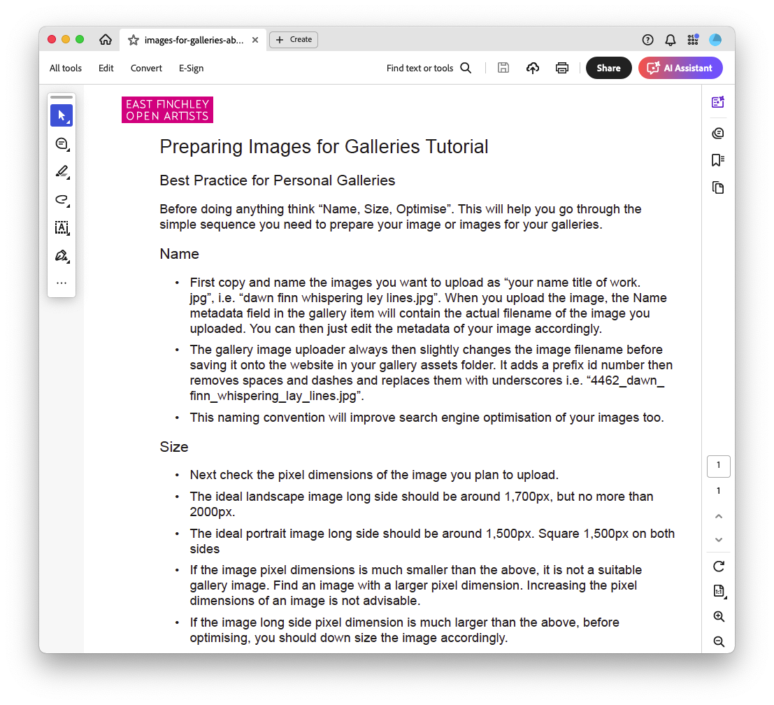example page of artist document