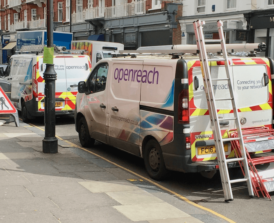BT Openreach Vans outside a restaurant